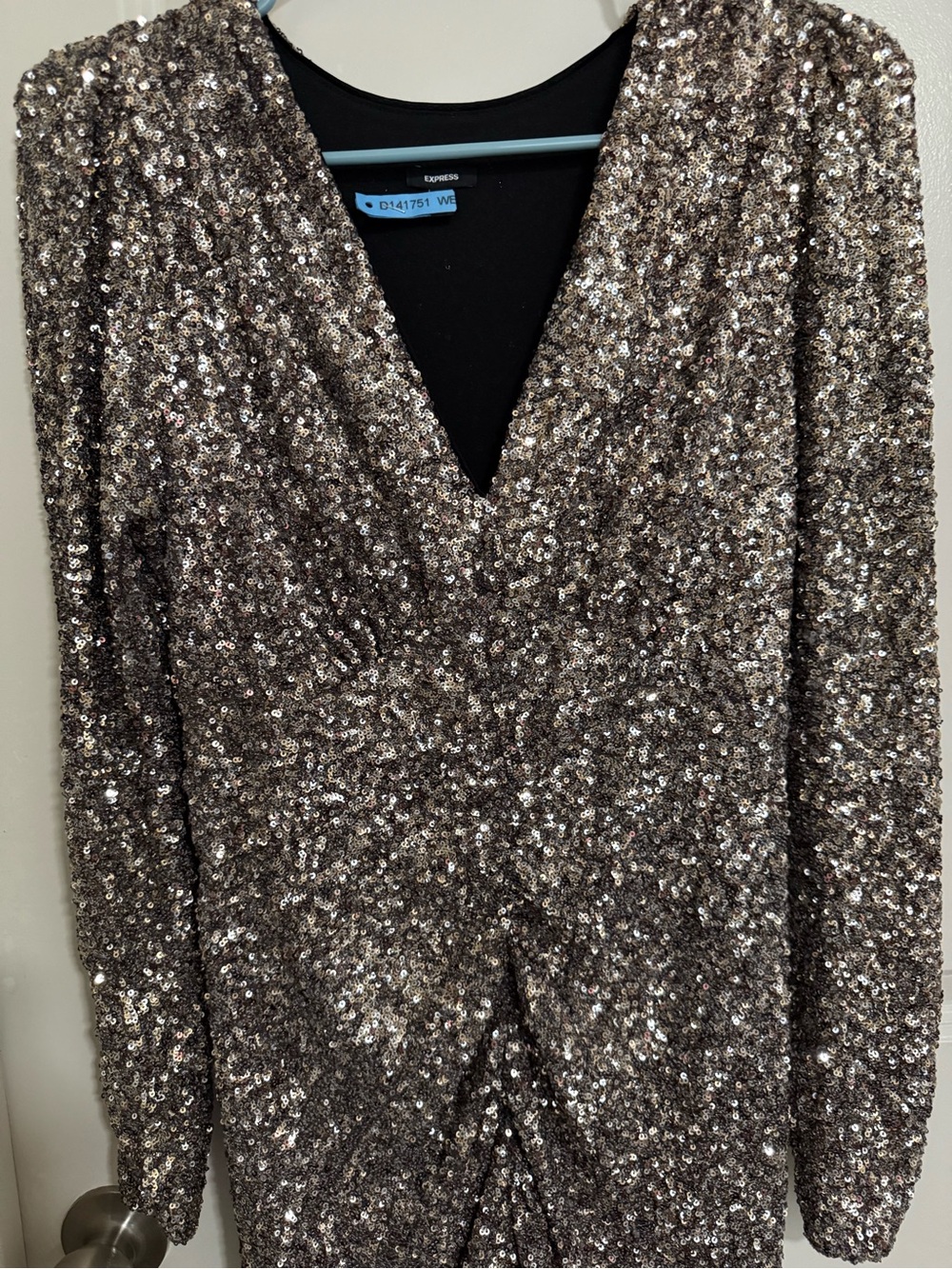 Express Silver Sequin Asymmetrical V-Neck Dress